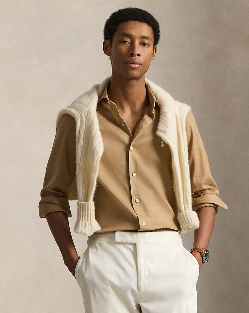 Café Tan Custom Fit Linen-Blend Shirt - front