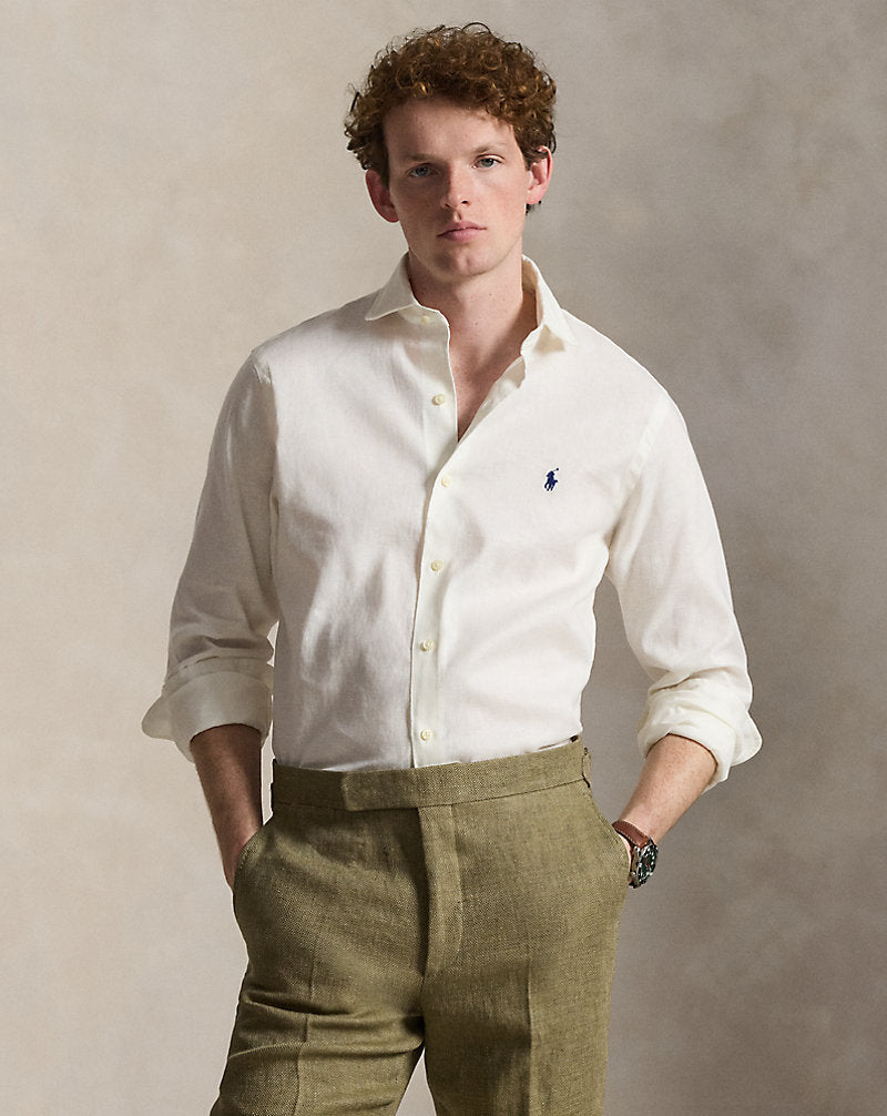 White Custom Fit Linen-Blend Shirt - front