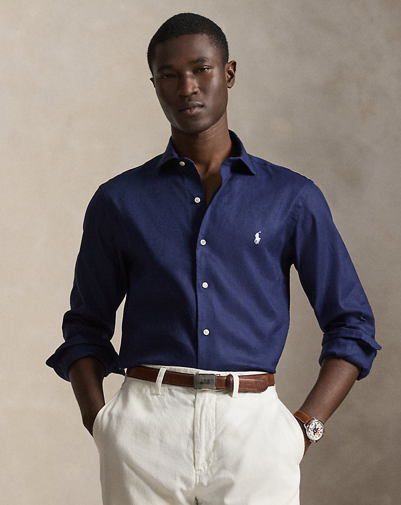 Newport Navy Custom Fit Linen-Blend Shirt - front